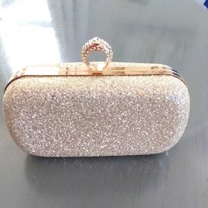 Gold Glitter Clutch Hard Side W/ Gold Shoulder Chain Elegant Evening Bag Small
